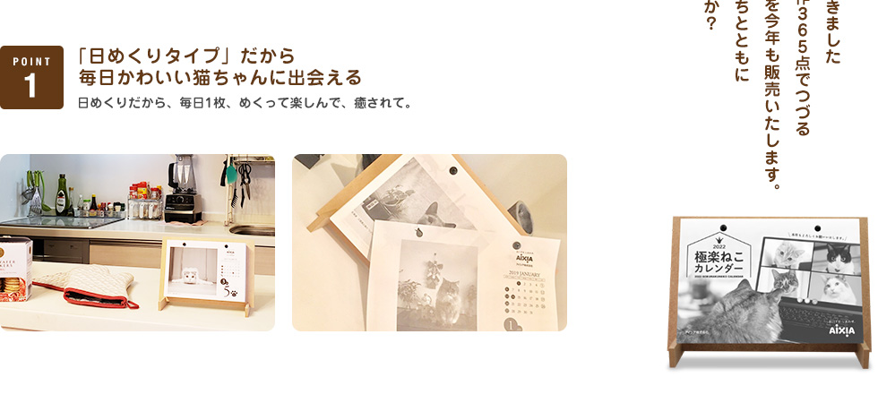 「日めくりタイプ」だから毎日かわいい猫ちゃんに出会える 日めくりだから、毎日1枚、めくって楽しんで、癒されて。