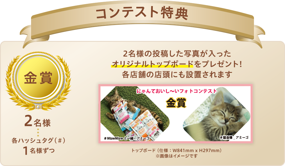 金賞：各＃1名様ずつ　2名様の投稿された猫ちゃんの写真が入ったオリジナルトップボード
