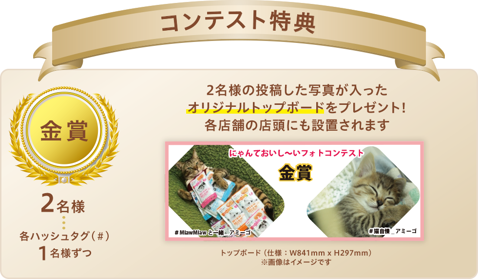 金賞:各#1名様ずつ 2名様の投稿された猫ちゃんの写真が入ったオリジナルトップボード