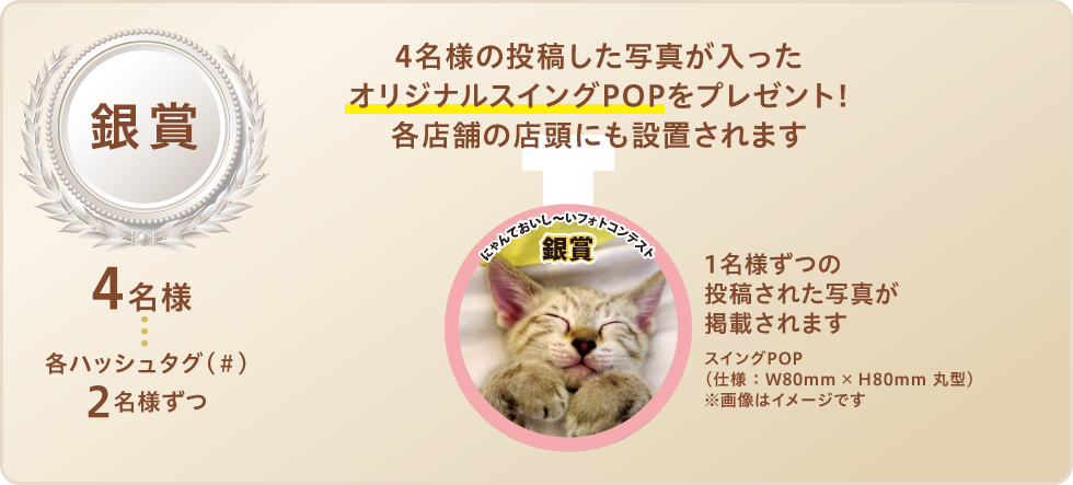 銀賞：各＃2名様ずつ　4名様の投稿された猫ちゃんの写真が入ったオリジナルスイングPOP