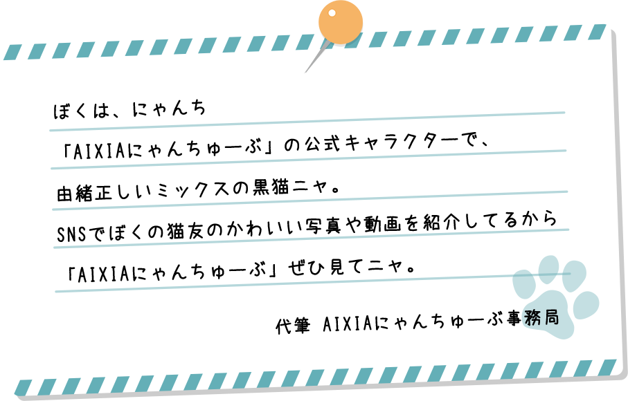 ぼくは、にゃんち。「AIXIAにゃんちゅーぶ」の公式キャラクターで、由緒正しいミックスの黒猫ニャ SNSでぼくの猫友のかわいい写真や動画を紹介してるから「AIXIAにゃんちゅーぶ」ぜひ見てニャ